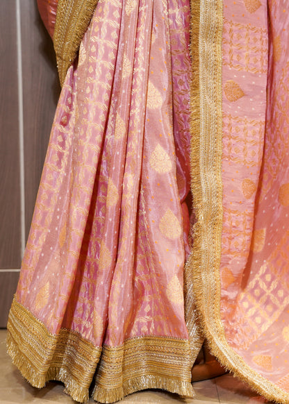 Pink Tissue Weaving Saree with Gota Lace and Unstitched Blouse