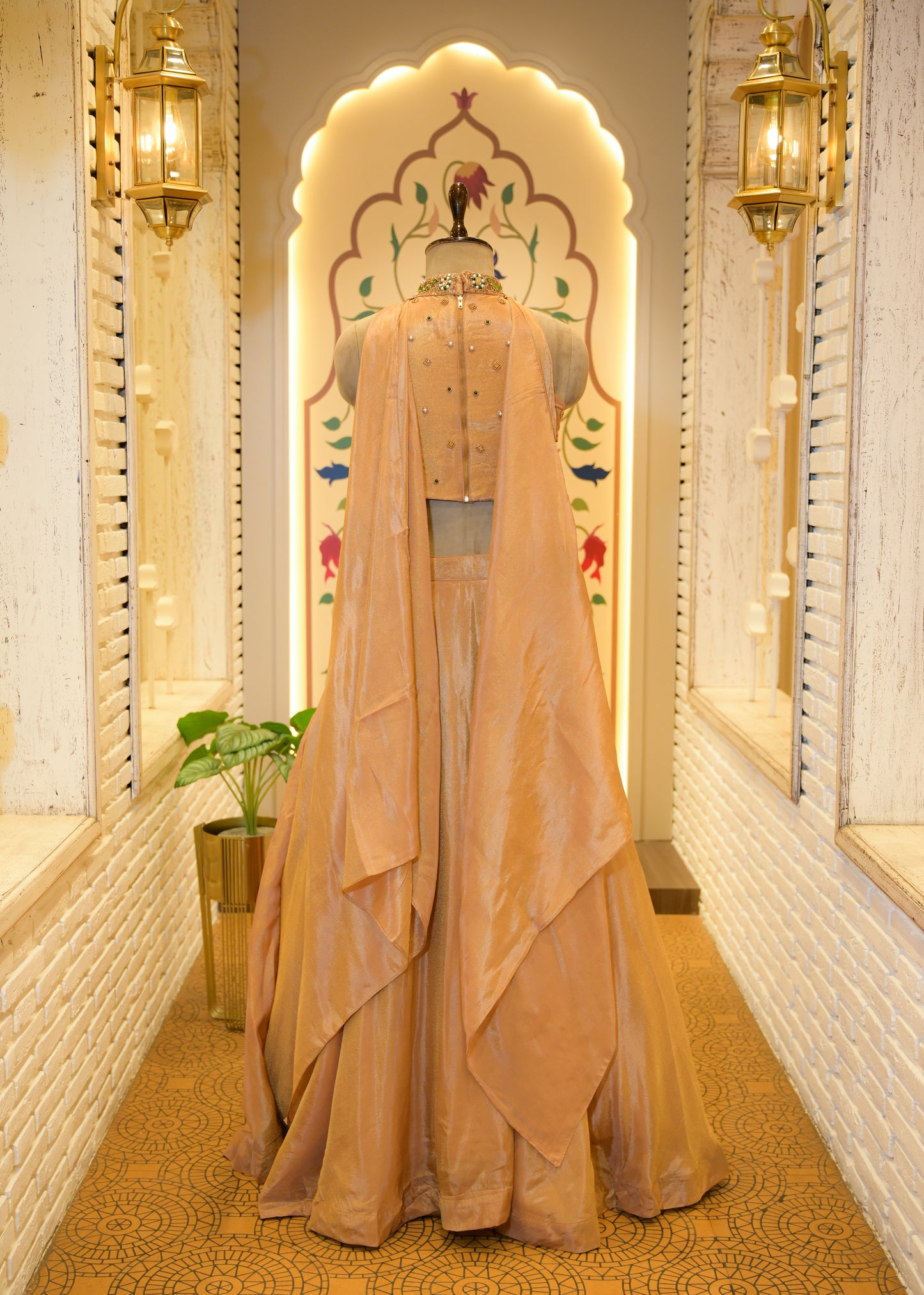 Tissue Golden Gemstone Halter Neck Top Lehenga with Dupatta