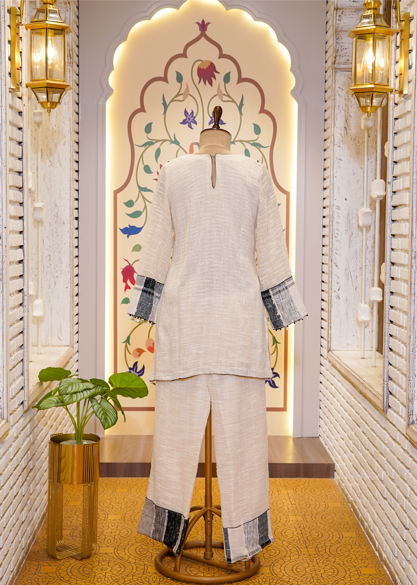 Black & Ivory Cotton Jute Co-ord Set with Shells