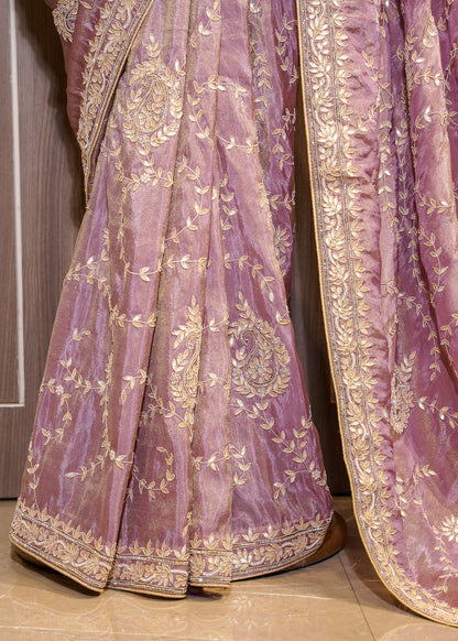Lavender Hand Embroidered Gota Pati Saree with Unstitched Wine Blouse
