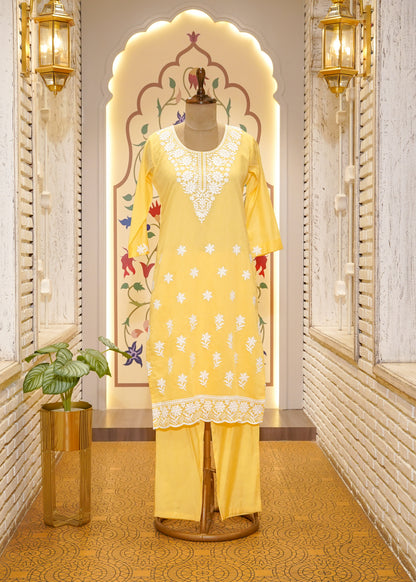 Yellow Thread Embroidered 3 pc Kurti Set