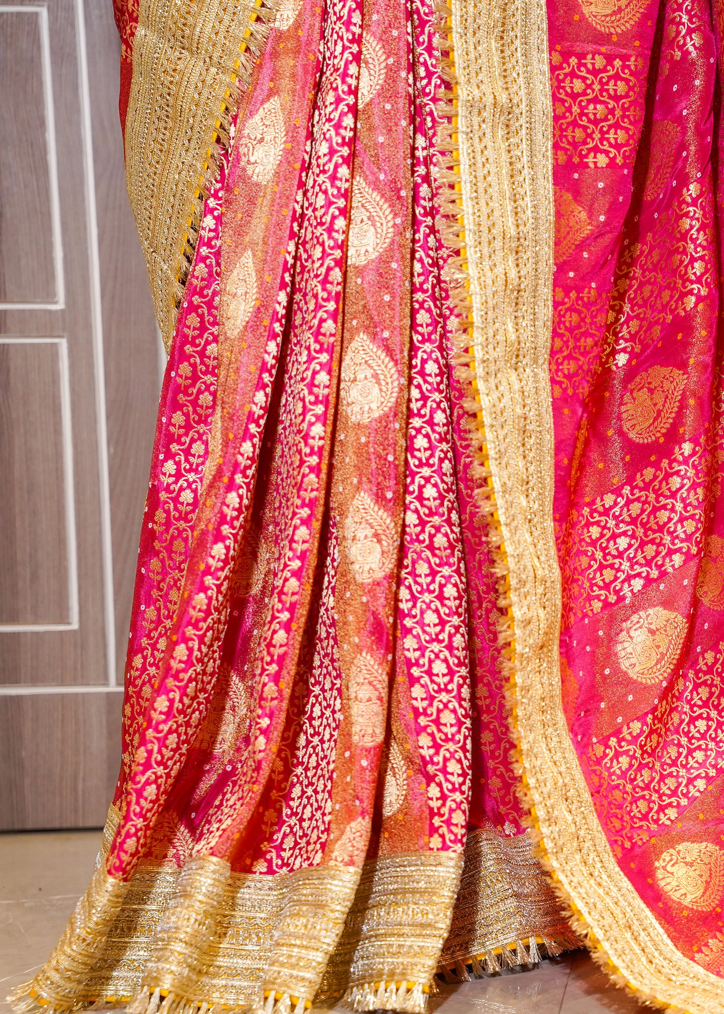 Rani Tissue Weaving Saree with Gota Lace and Unstitched Blouse
