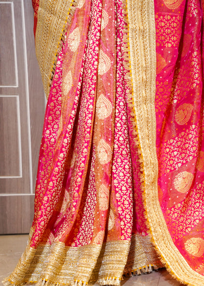 Rani Tissue Weaving Saree with Gota Lace and Unstitched Blouse