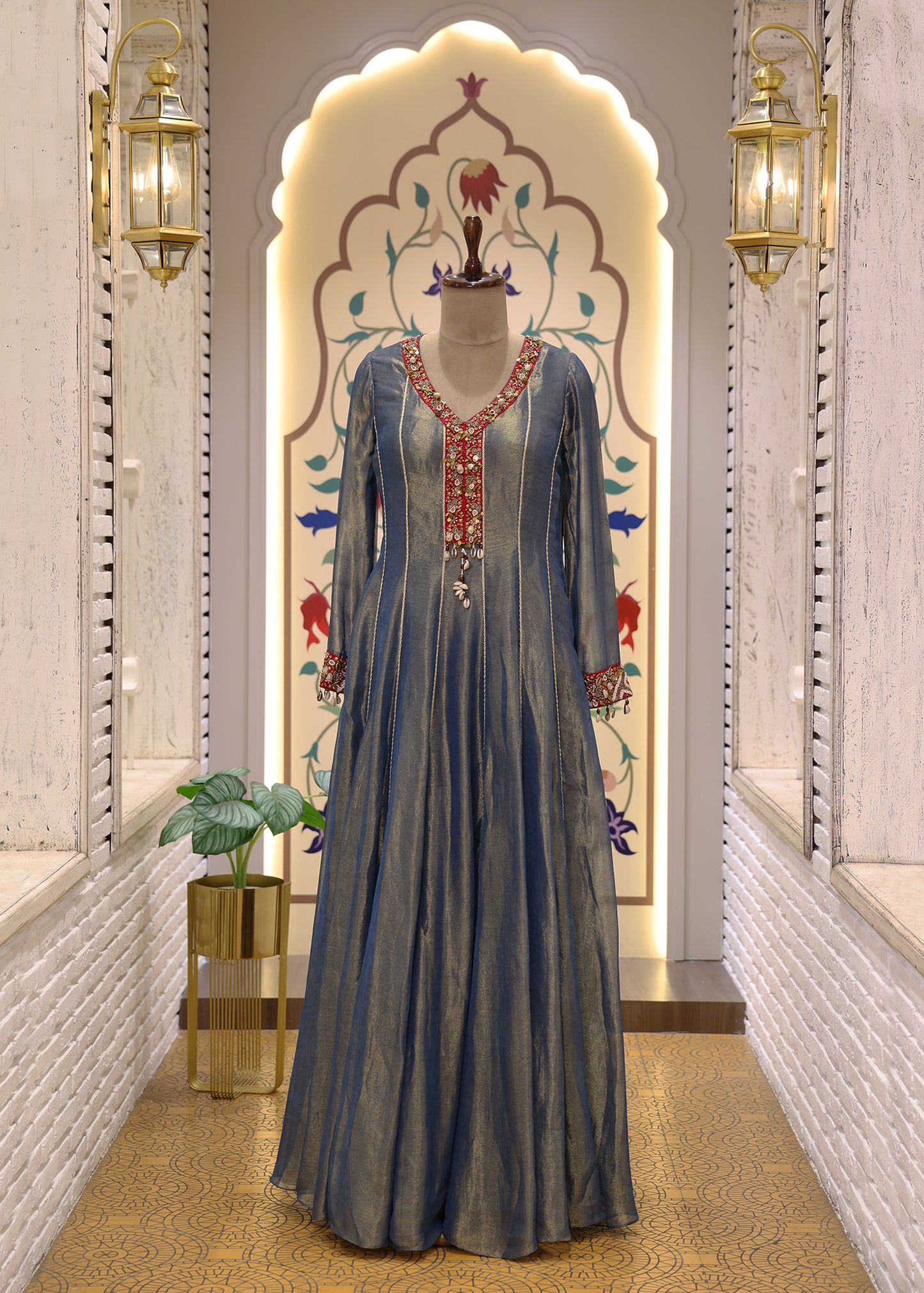 Blue & Red Anarkali Suit Set with Dupatta