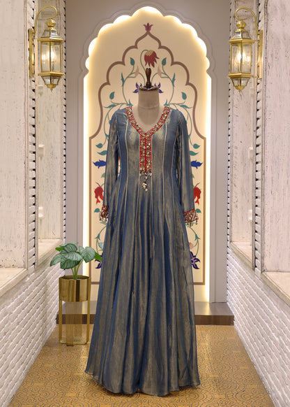 Blue & Red Anarkali Suit Set with Dupatta