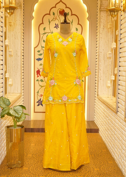 Kudi Yellow Short Kurta Stitched Suit Set