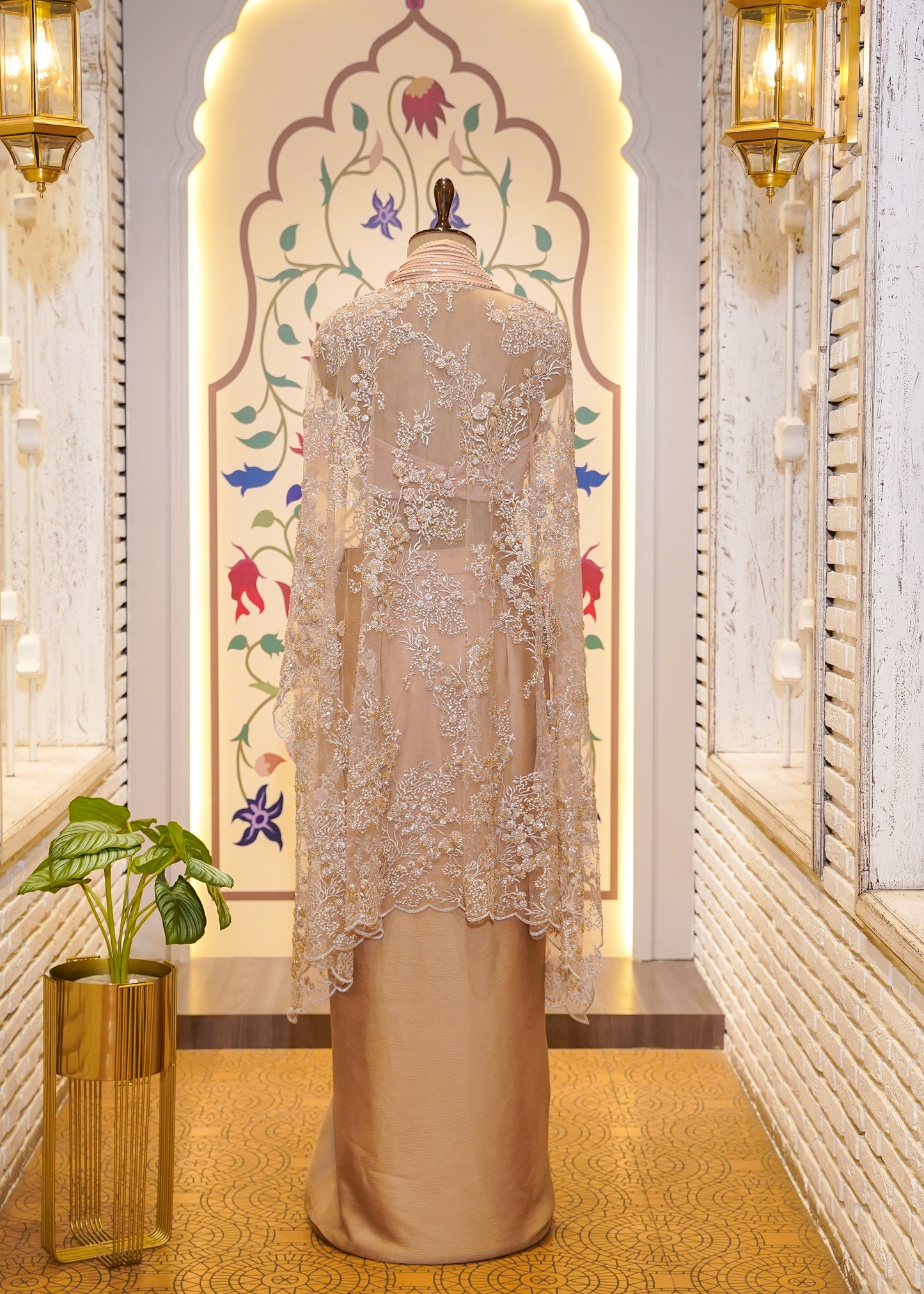 Golden Satin Patterned Skirt with Hand Embroidered Net Cape