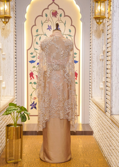Golden Satin Patterned Skirt with Hand Embroidered Net Cape