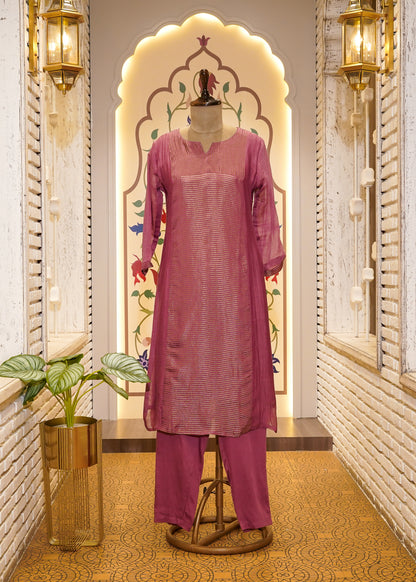 Dusty Pink Mul Cotton Weaved 3 pc Kurti Set