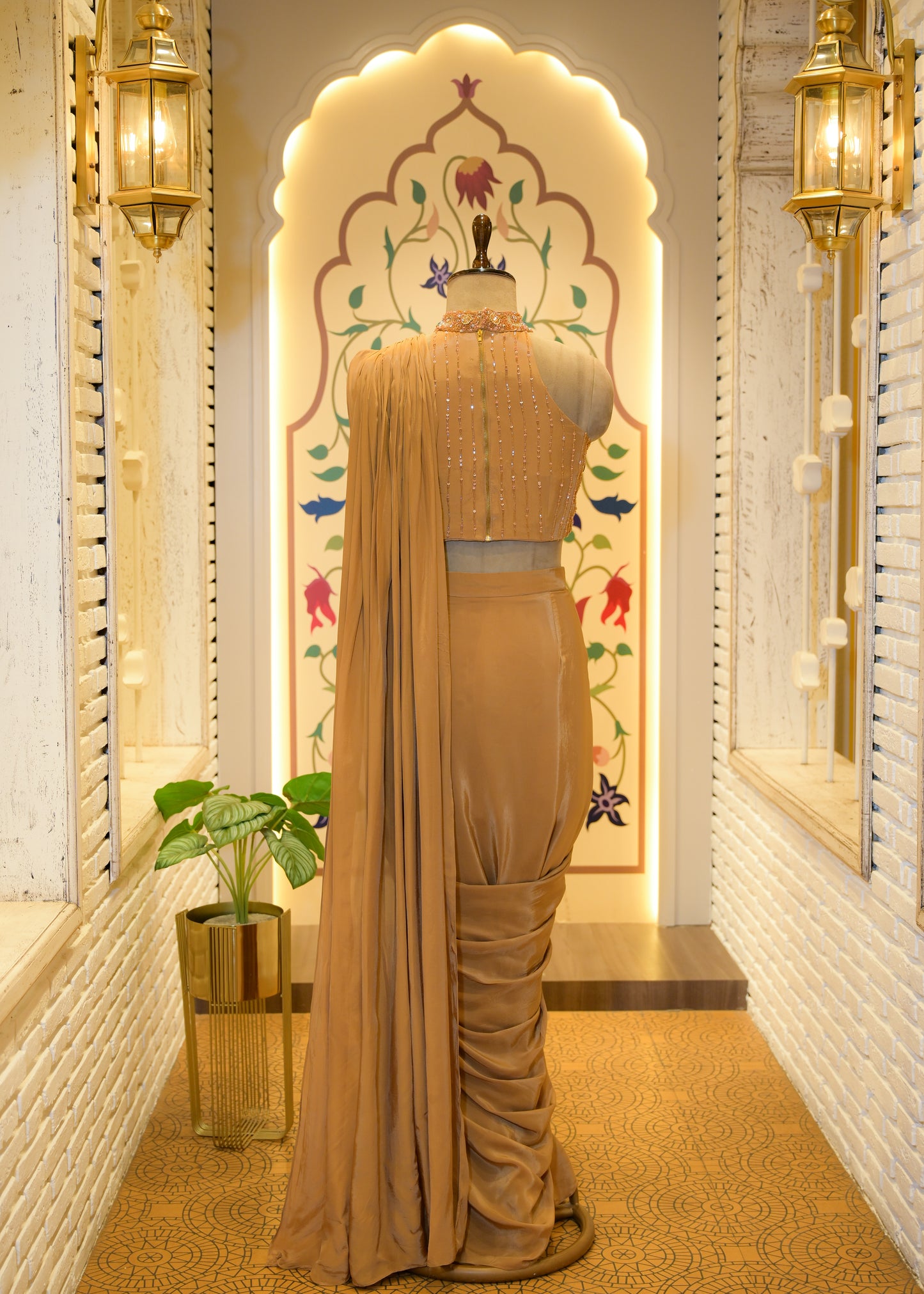 Zeenat Golden Gemstone Embroidered Pre Draped Saree