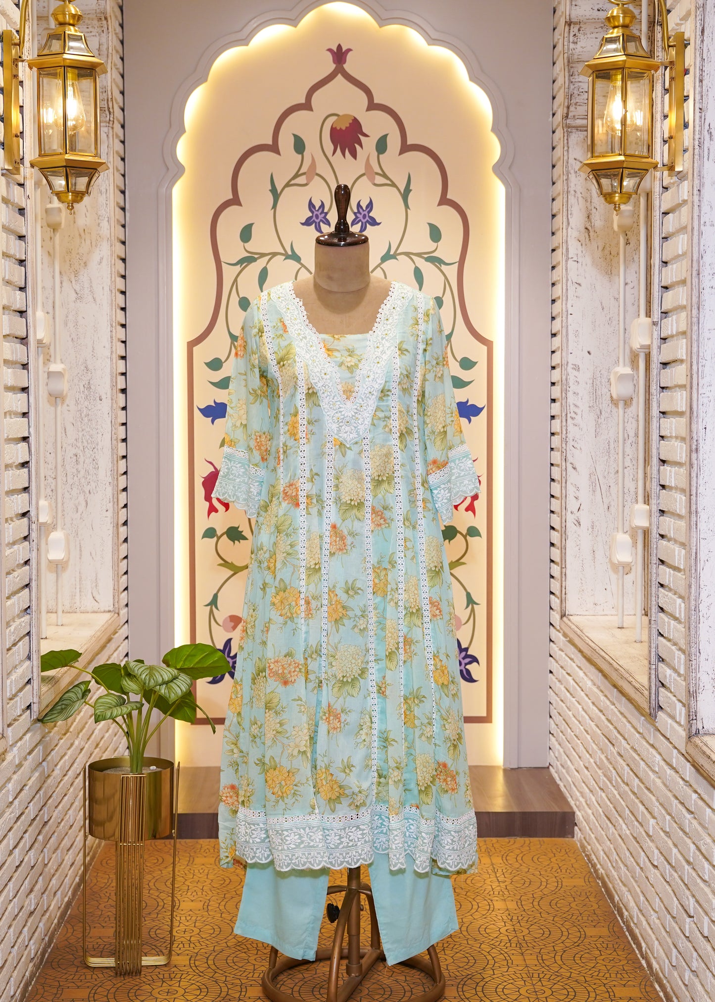 Sea Green Cotton Printed A Line 3 pc Kurti Set with Thread Embroidery