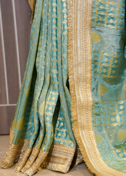 Sea Green Tissue Weaving Saree with Gota Lace and Unstitched Blouse