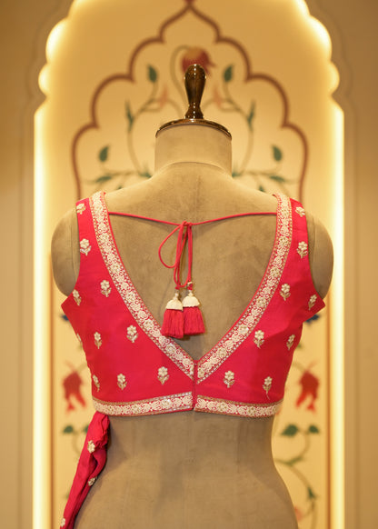 Pink Chinon Thread Embroidered Saree with Stitched Blouse