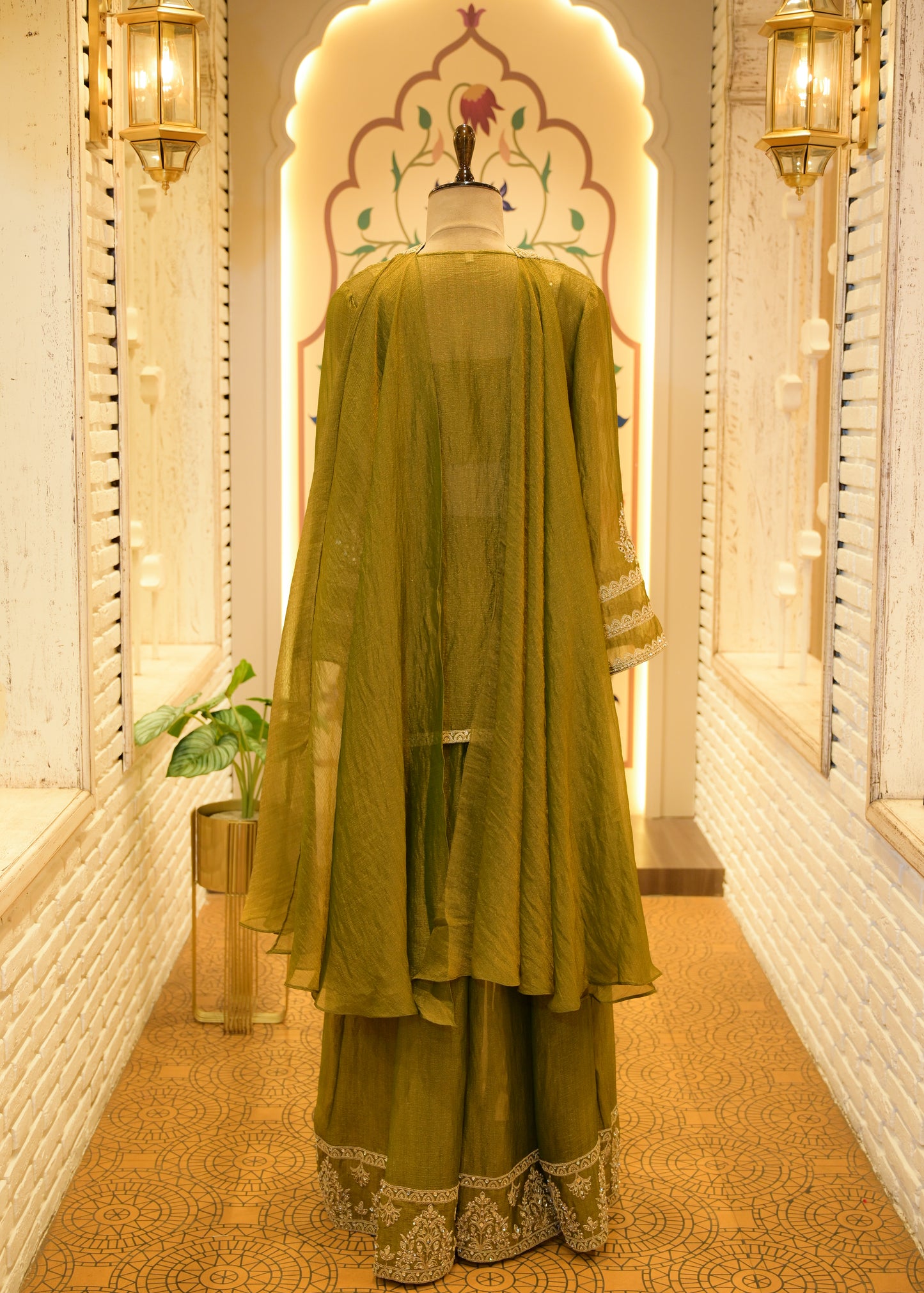 Zehra Olive Embellished Cape Plazo Set