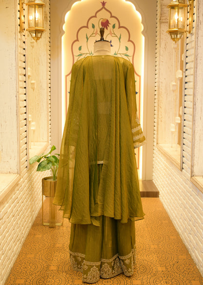Zehra Olive Embellished Cape Plazo Set