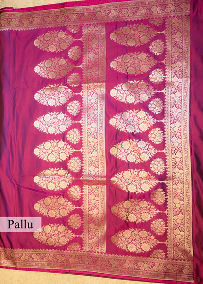 Rani Pink Banarasi Kattan Silk Zari Border with Unstitched Blouse