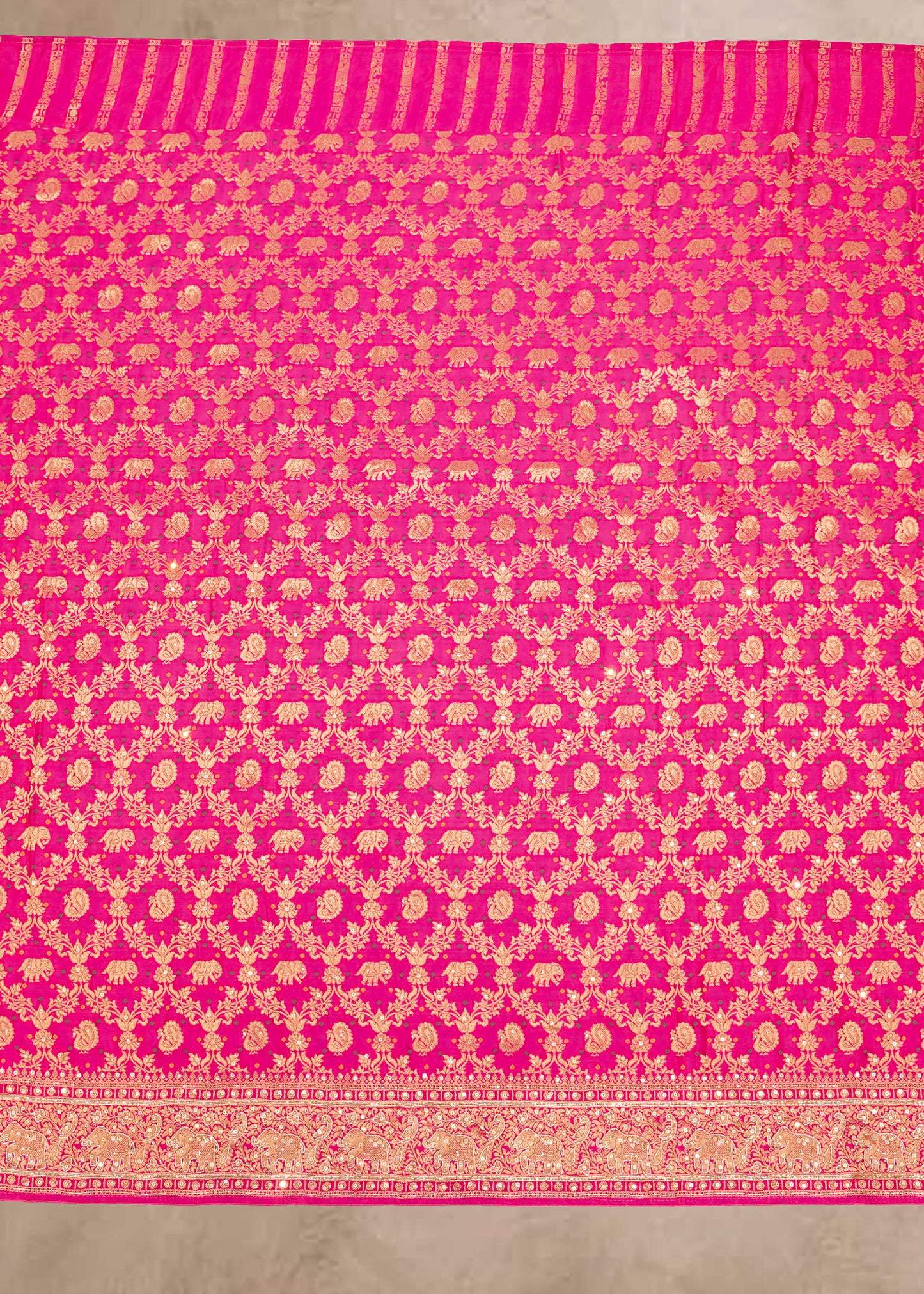 Rani Hand Embroidered Dola Silk Saree with Elephant Motifs and Unstitched Blouse