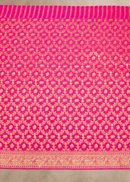 Rani Hand Embroidered Dola Silk Saree with Elephant Motifs and Unstitched Blouse