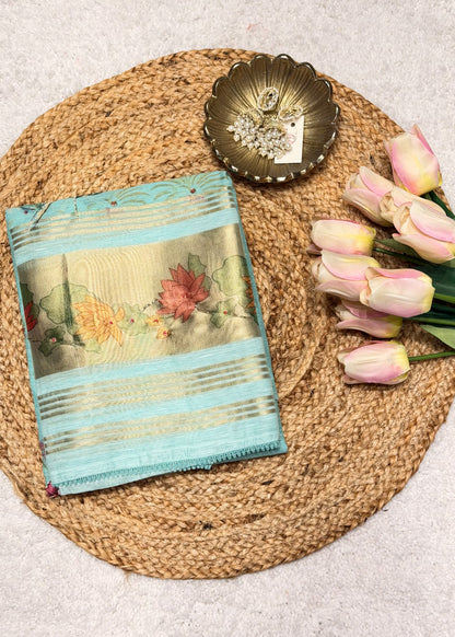 Sea Green Chanderi Floral Printed Unstitched Suit Set