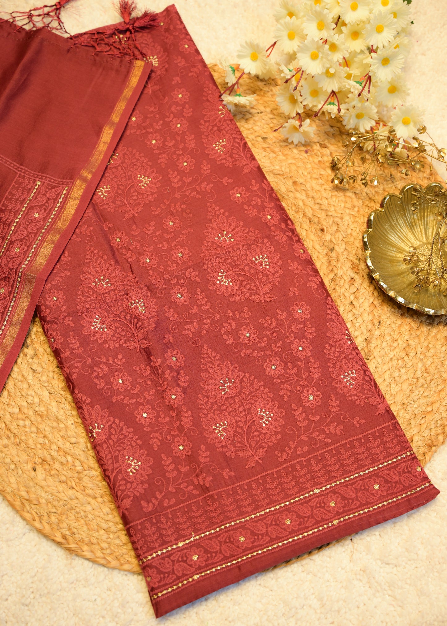 Sunanda Maroon Shadow Embroidered Unstitched Suit Set
