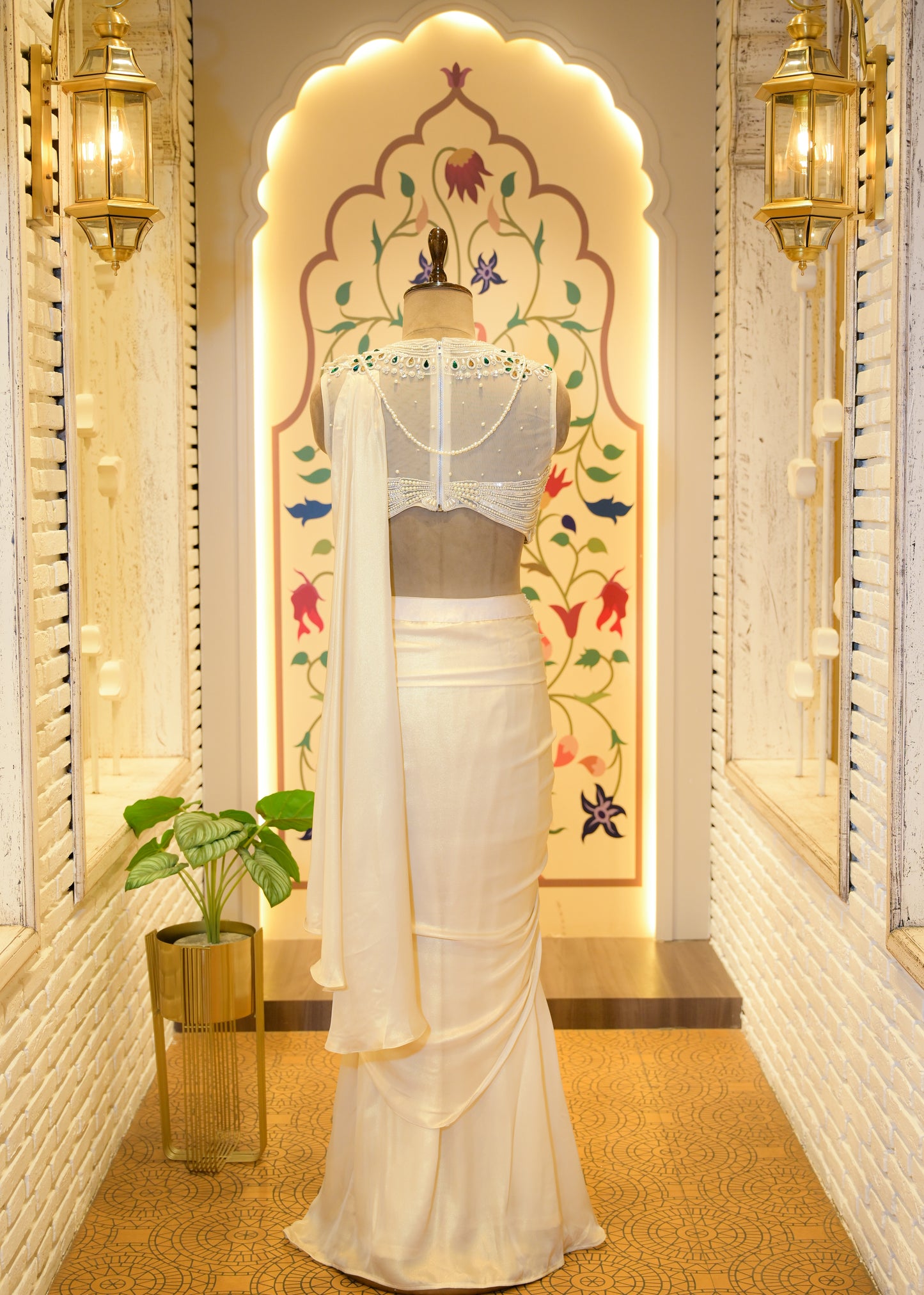 Paari White Pearl Embroidered Pre Draped Saree