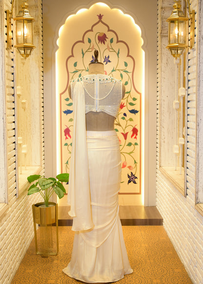 Paari White Pearl Embroidered Pre Draped Saree