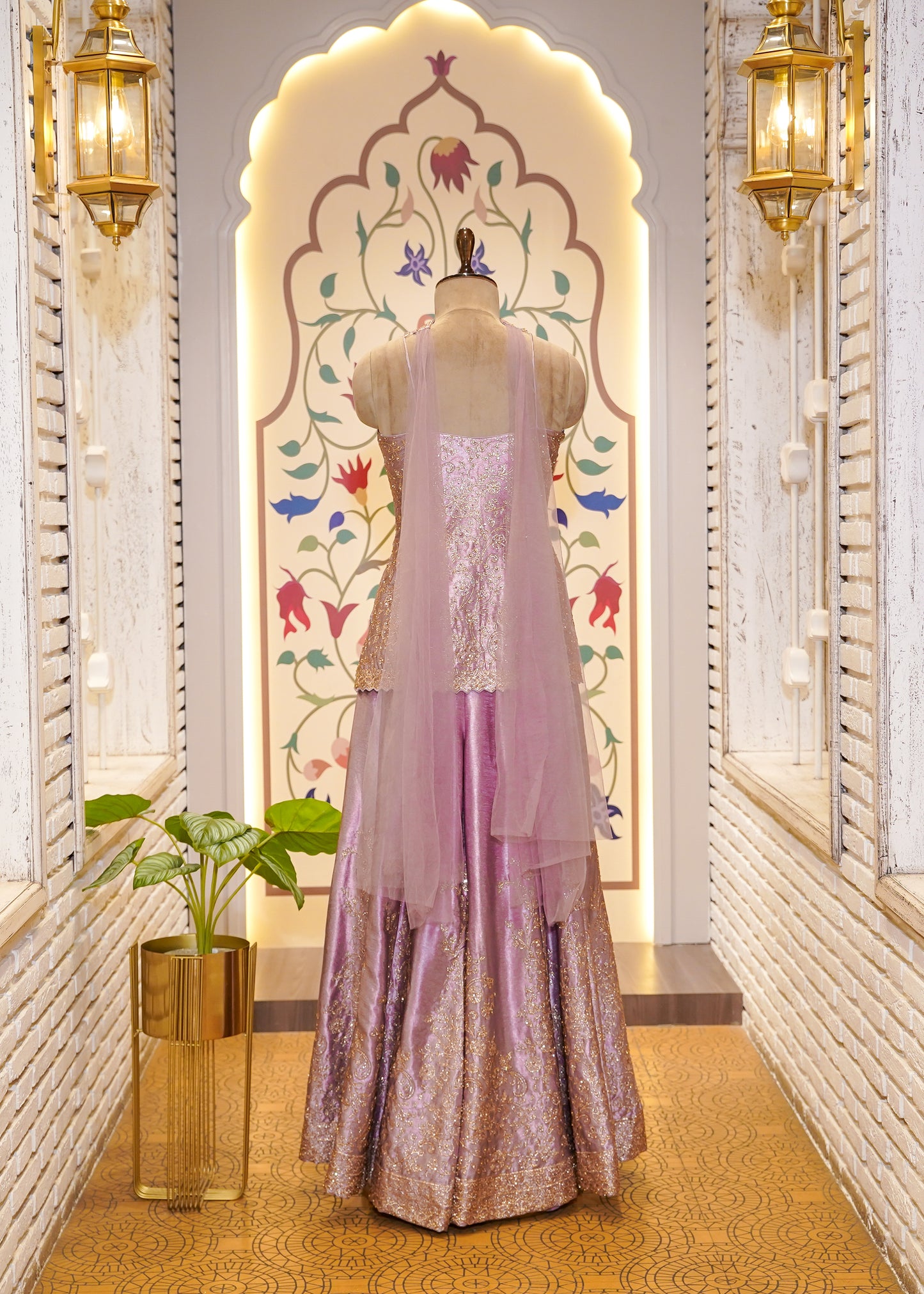 Lavender Dori Embroidered Short Shirt and Plazo Set with Choker Dupatta