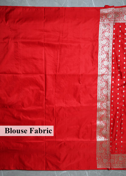 Red Booti & Zari Border Banarasi Saree with Unstitched Blouse