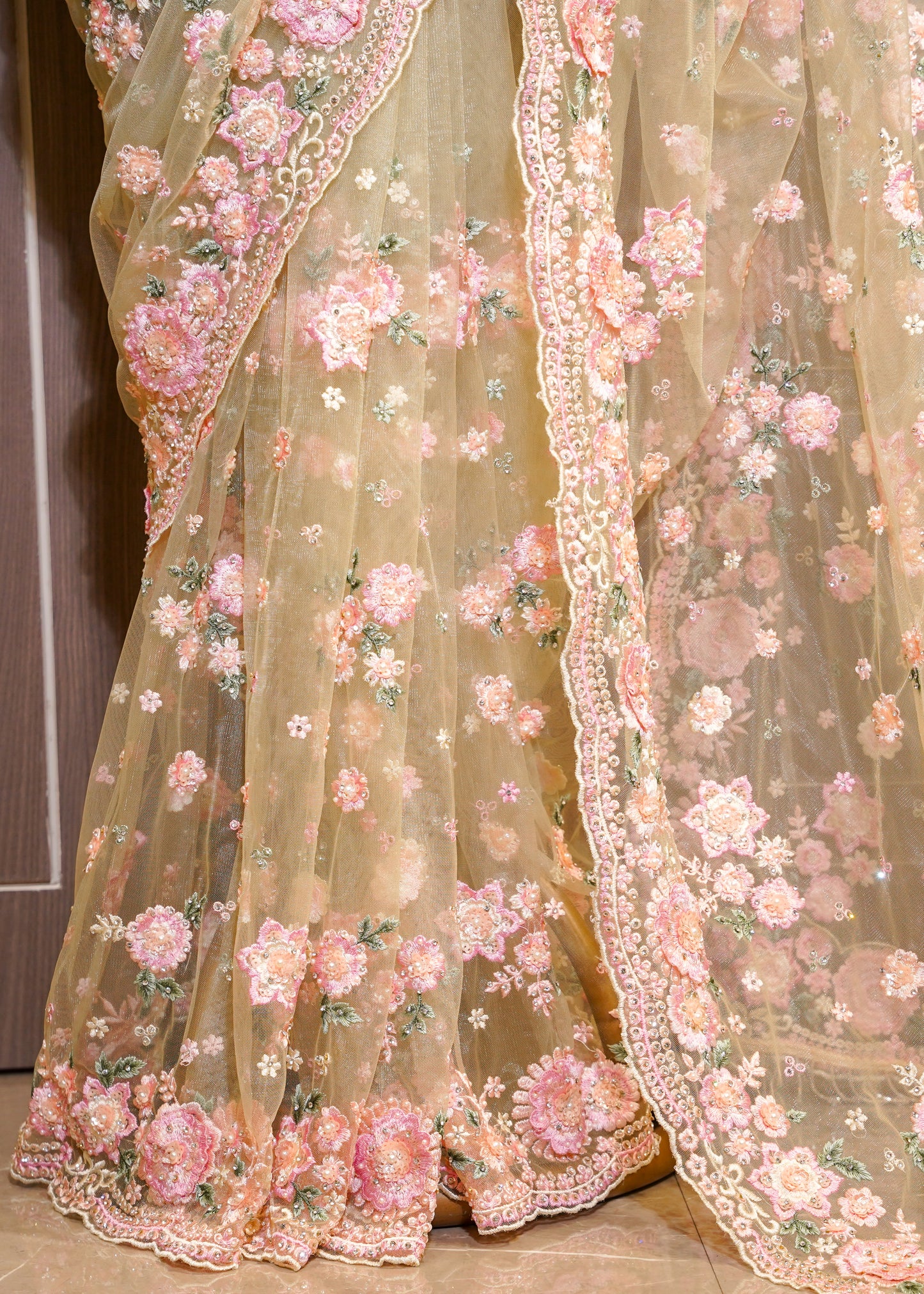 Pista Floral Embroidered Net Saree with Stitched Blouse