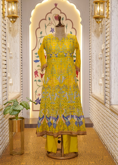 Neon Green Printed Anarkali 3 pc Kurti Set