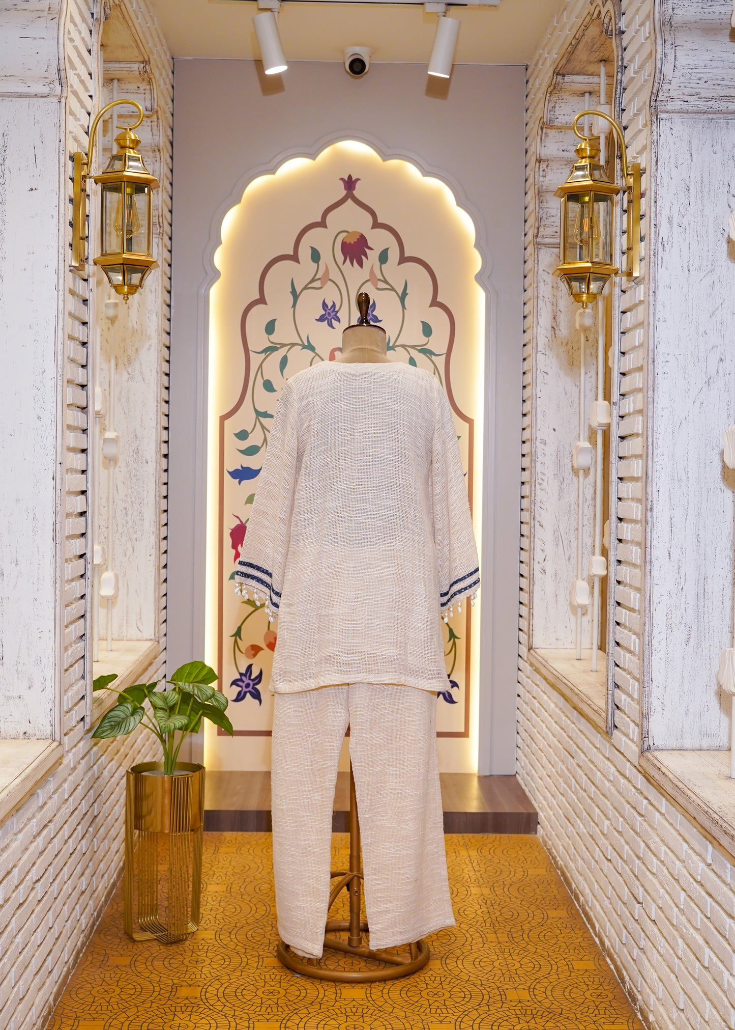 Ivory & Blue Cotton Jute Co-ord Set with Applique Embroidery