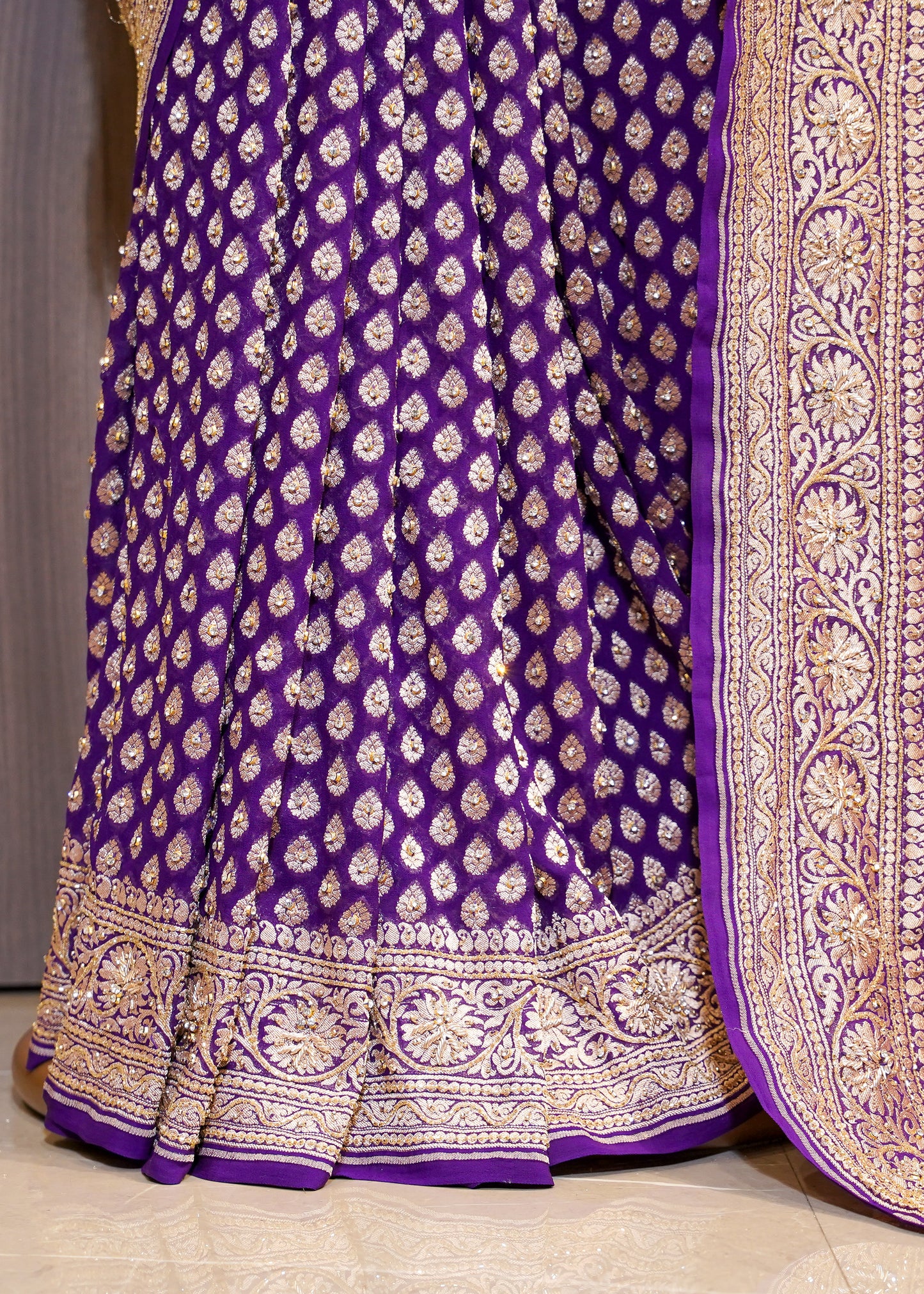 Bright Purple khadi Georgette Booti Saree with Zardozi Embroidery