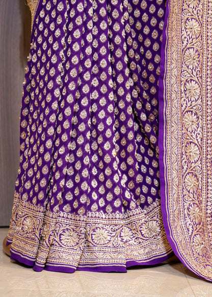 Bright Purple khadi Georgette Booti Saree with Zardozi Embroidery
