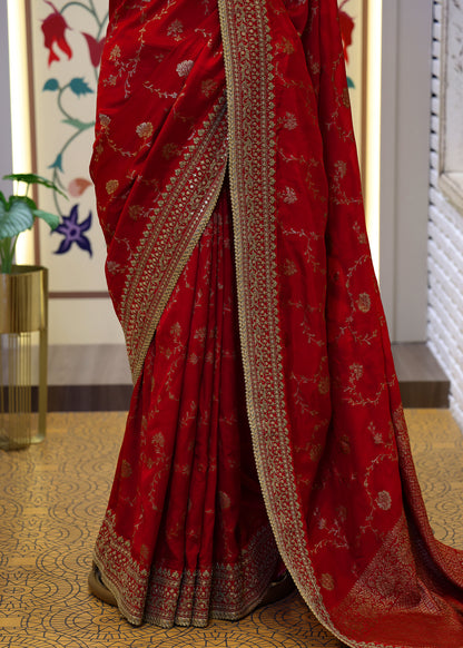 Meenakshi Red Heavy Border Bridal Saree with Unstitched Blouse