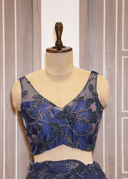 Midnight Blue Hand Embroidered Sequence Saree with Stitched Hand Embroidered Blouse