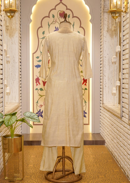 Beige Cotton Thread Embroidered 3 pc Kurti Set