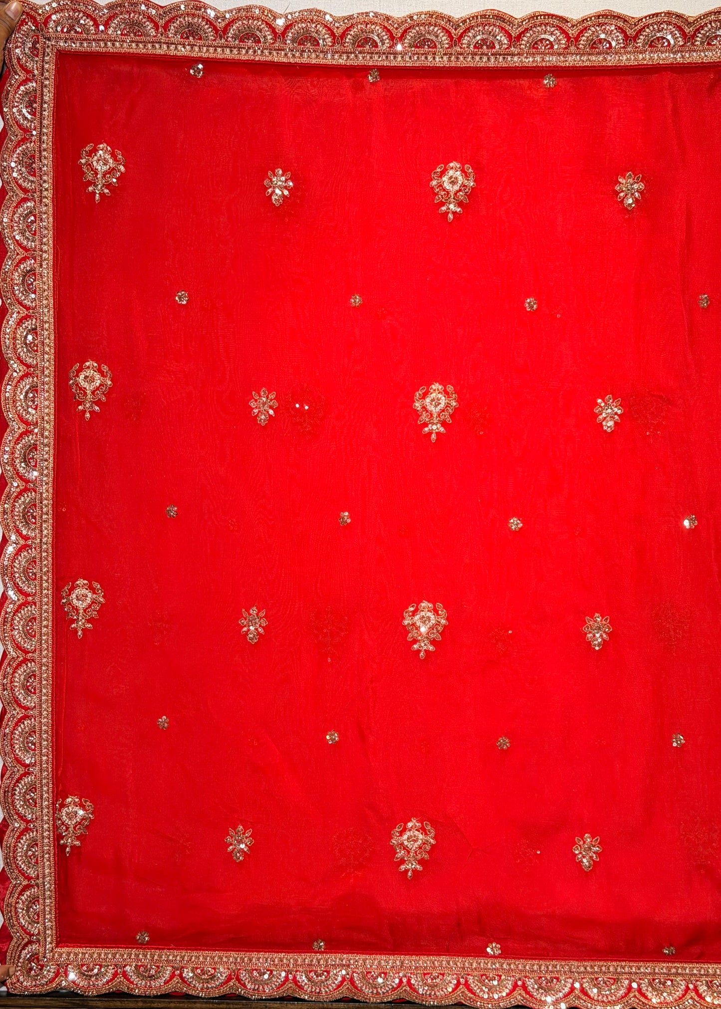 Red Bead Embroidered Kali Style Bridal Lehenga with Stitched Blouse & 2 Dupattas