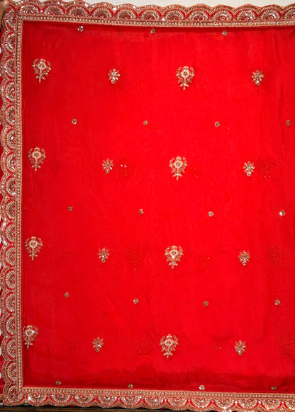 Red Bead Embroidered Kali Style Bridal Lehenga with Stitched Blouse & 2 Dupattas