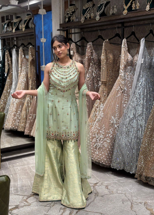 Indriya Green Gemstones Brocade Sharara Pants Set with Dupatta