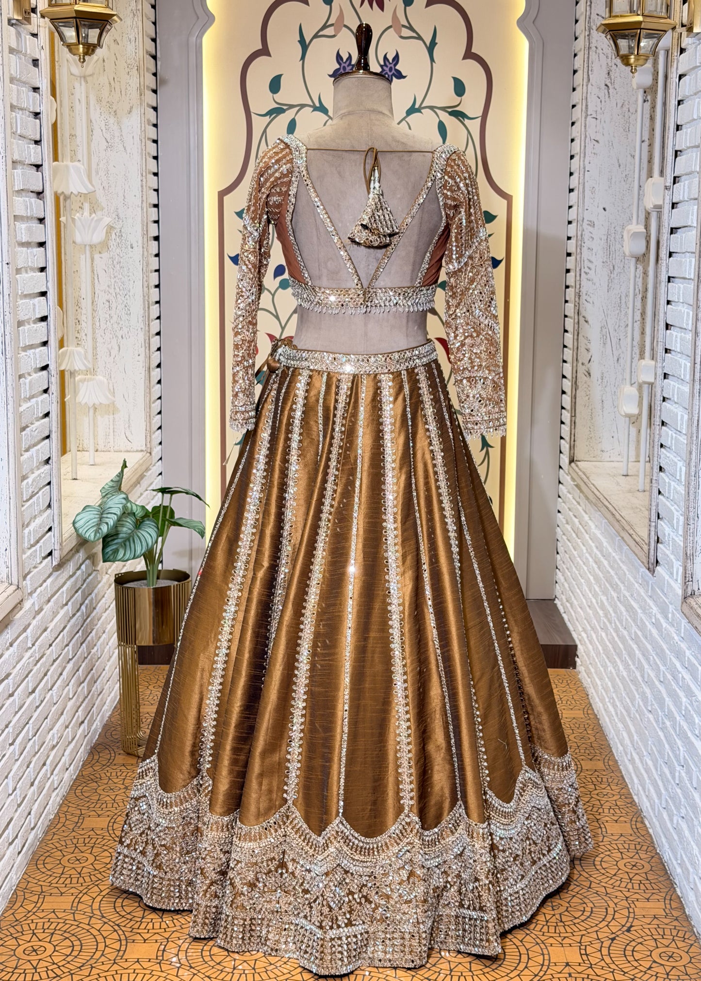 Mustard Mirror Embroidered Designer Lehenga with Full Sleeves Blouse