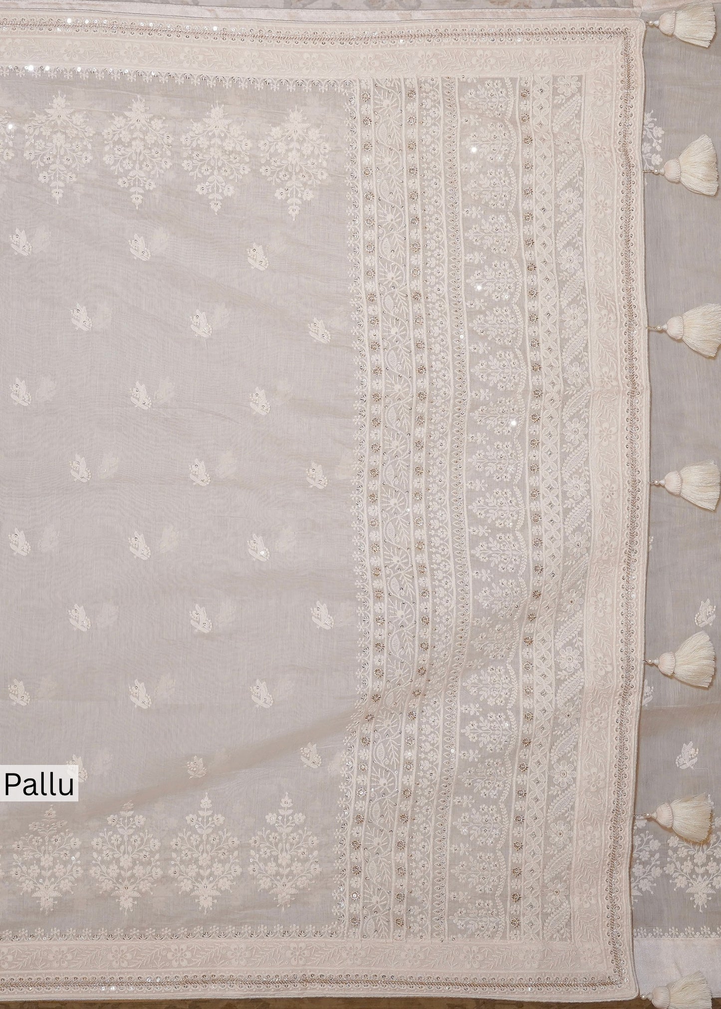 Ivory Mul Cotton Thread Embroidered Saree with Unstitched Blouse
