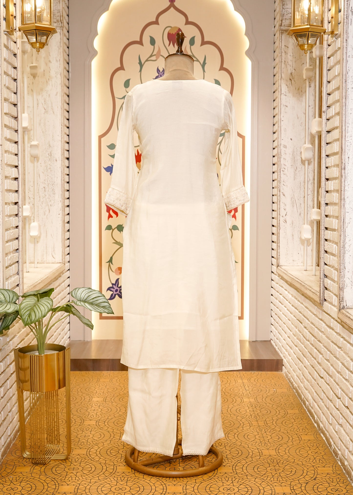 Ivory Mul Cotton Hand Embellished 3 pc Kurti Set