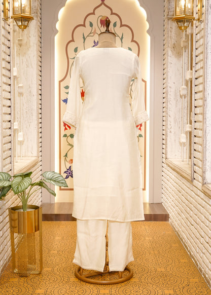 Ivory Mul Cotton Hand Embellished 3 pc Kurti Set