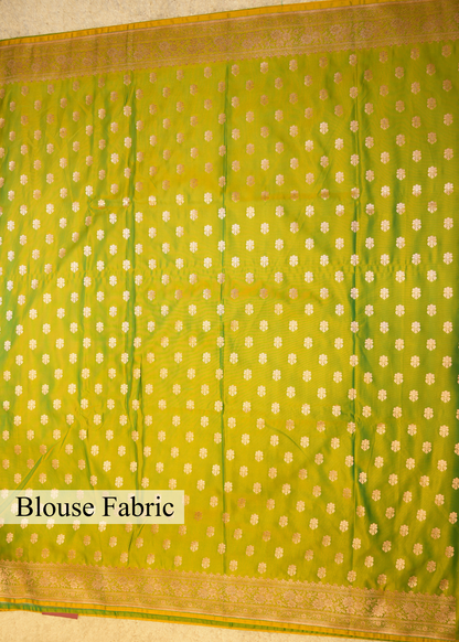 Lime Green Banarasi Kattan Silk Zari Border with Unstitched Blouse