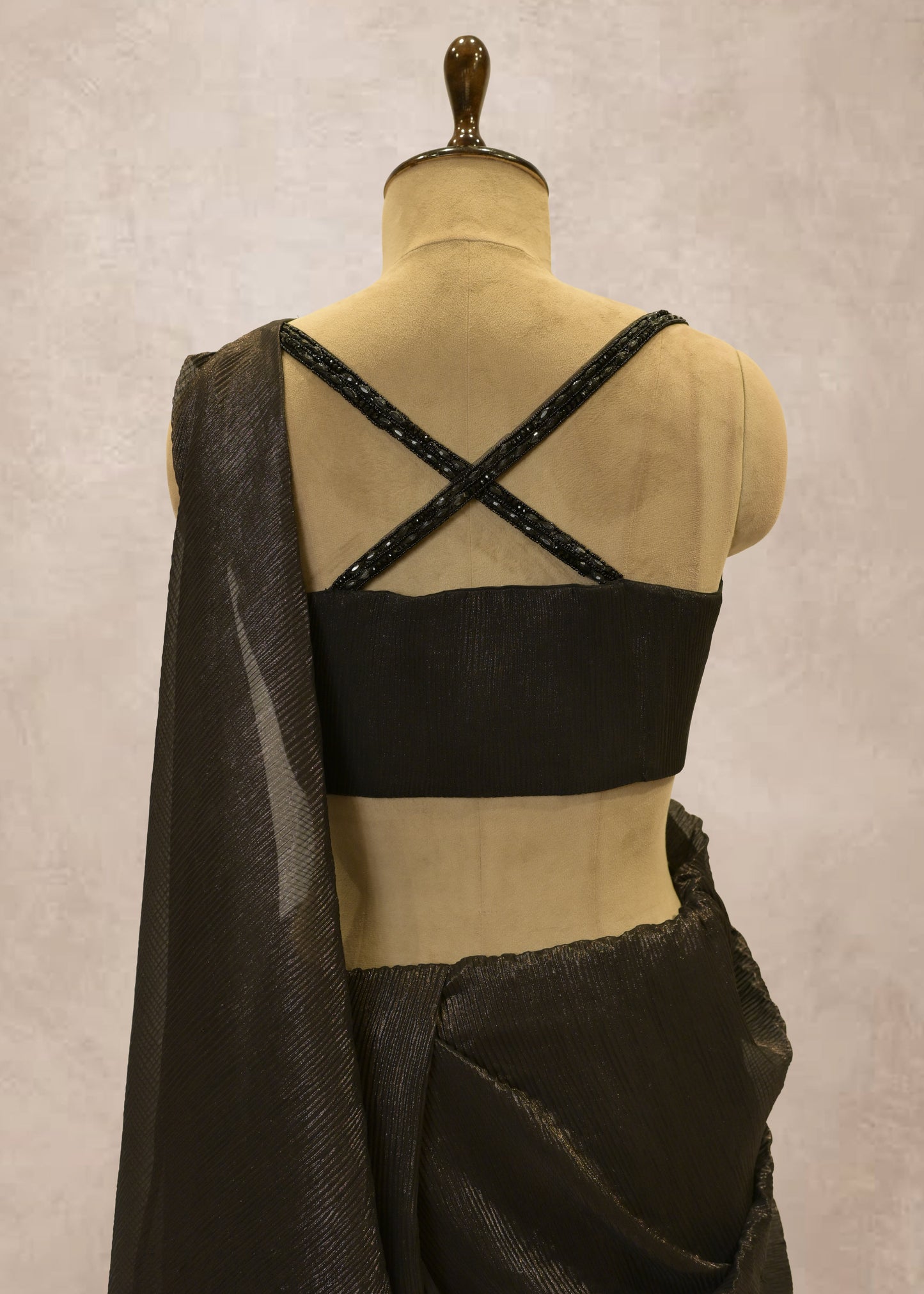 Charcoal Grey Crush Tissue Drape Saree With Hand Embroidered Black Crop Top