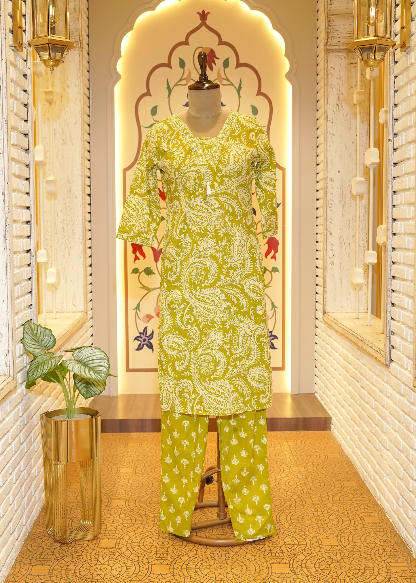 Kaia Green Lace Border Stitched Suit Set