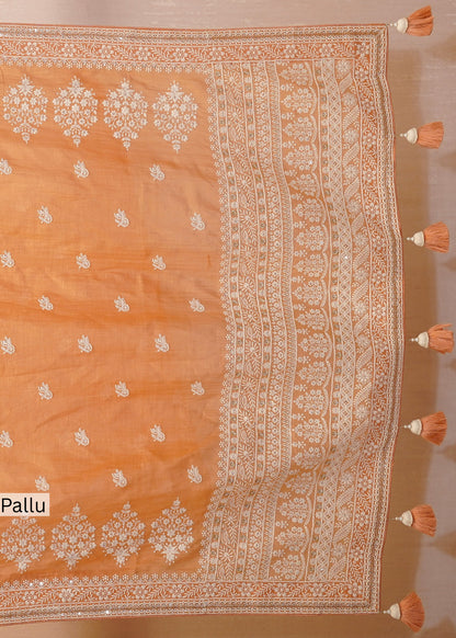 Rust Mul Cotton Thread Embroidered Saree with Unstitched Blouse