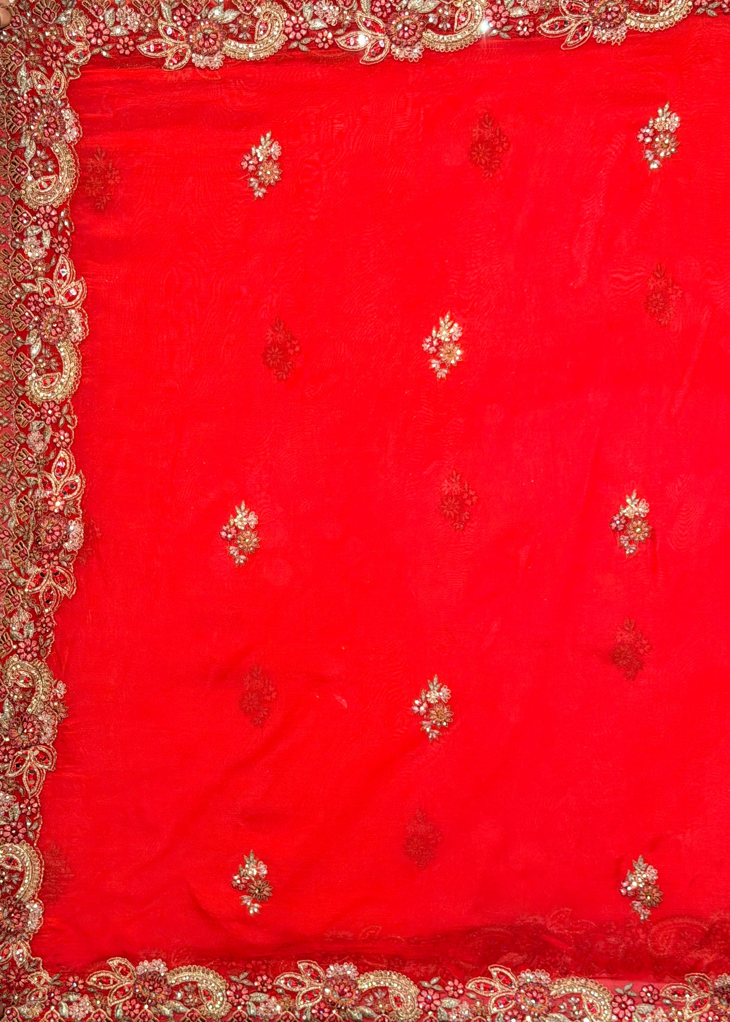 Red Bead Embroidered Mehrab Style Bridal Lehenga with Stitched Blouse & 2 Dupattas