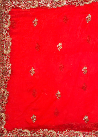 Red Bead Embroidered Mehrab Style Bridal Lehenga with Stitched Blouse & 2 Dupattas