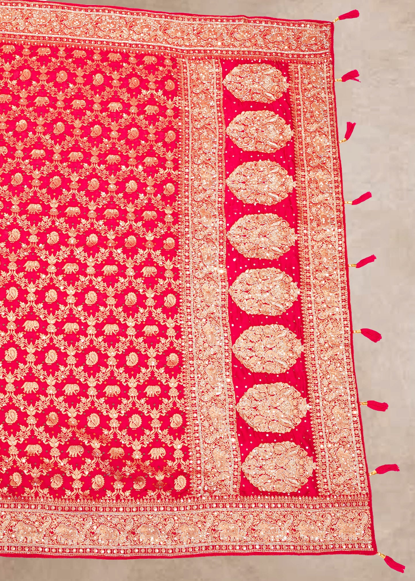 Red Hand Embroidered Dola Silk Saree with Elephant Motifs and Unstitched Blouse